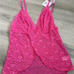 Floral Mesh Lace-Trim Chemise in Hot Pink